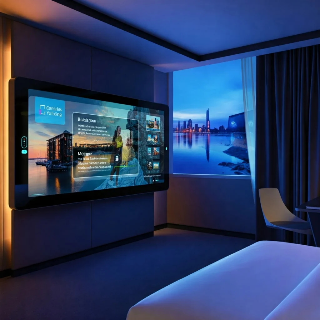 Ambiente imersivo com tela interativa e experiência digital em tom azul.